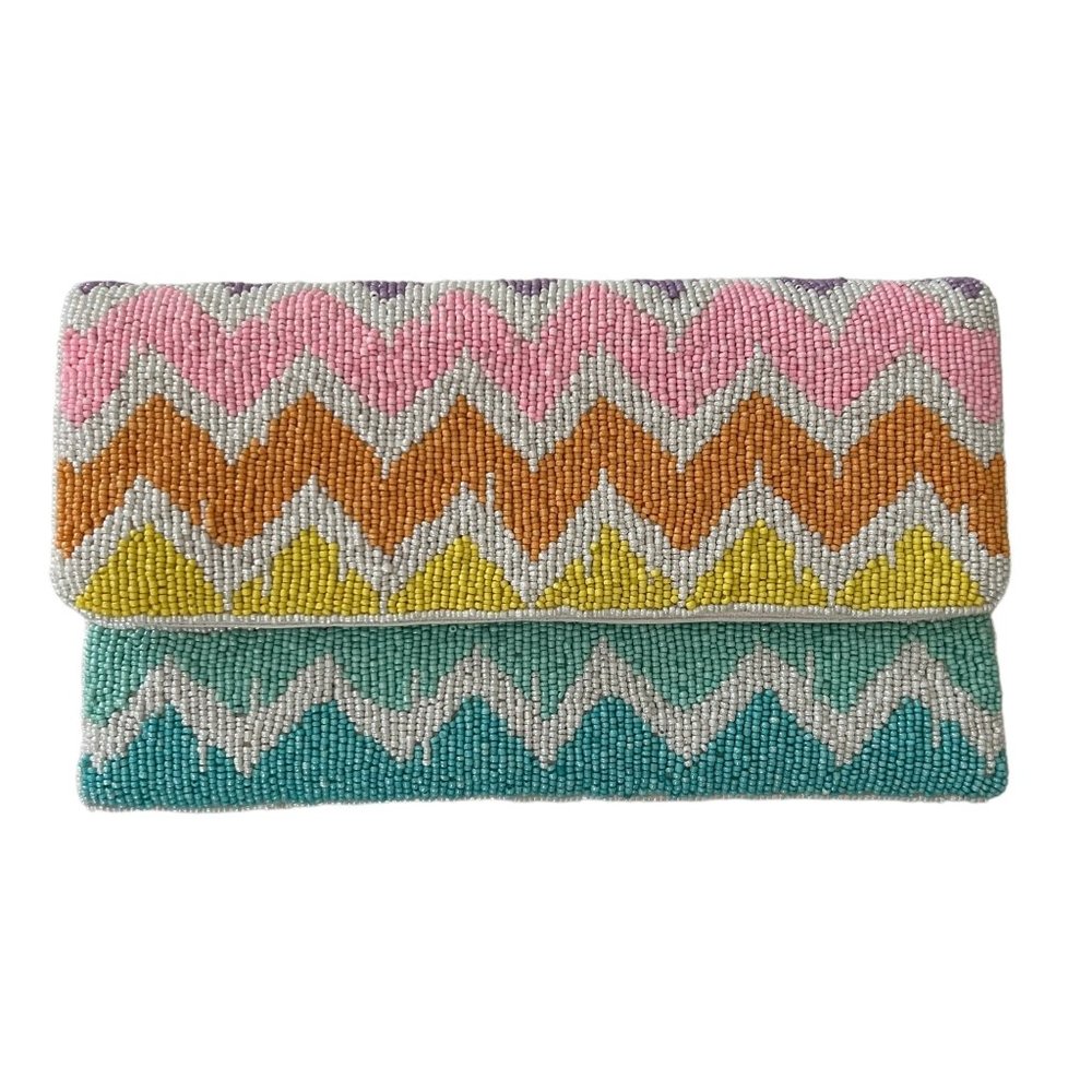 Shirdee Seed Bead Beaded Chevron Pastel Silver Chain Shoulder Clutch NWOT